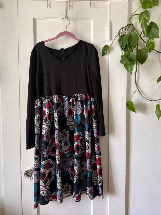 Dresses & Skirts - Black Long-Sleeve Dress with Colorful Sugar Skull Skirt size 2XL